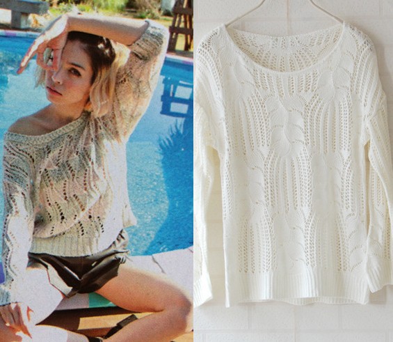 一字领可爱树叶图案透气镂空舒适<em>针织衫毛衣</em>_